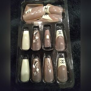 French Luxury Salon Press On Nails Fashion Logo Print Rhinestone Long Coffin